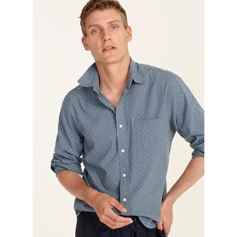 J Crew Secret Wash Classic Cotton Button Shirt Blue‎ White Dots Southern NWT XL